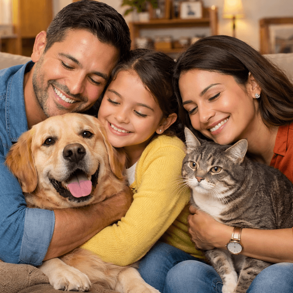 Familia latina abrazando con cariño a su perro y su gato en su casa, reflejando el amor y la protección hacia sus mascotas.