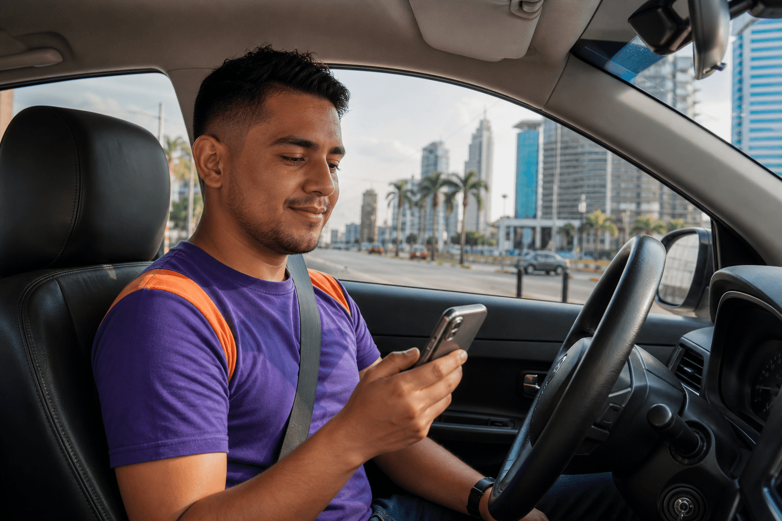 Conductor en Panamá revisando el celular después de una boleta de tránsito