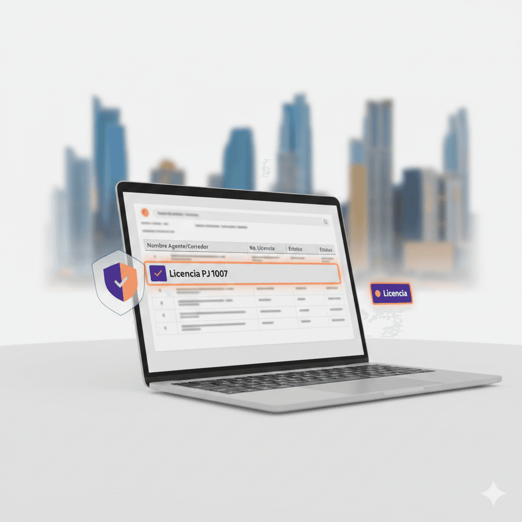 Ilustración de laptop mostrando un registro simplificado con “Licencia PJ 1007” resaltada para verificar un corredor regulado en Panamá