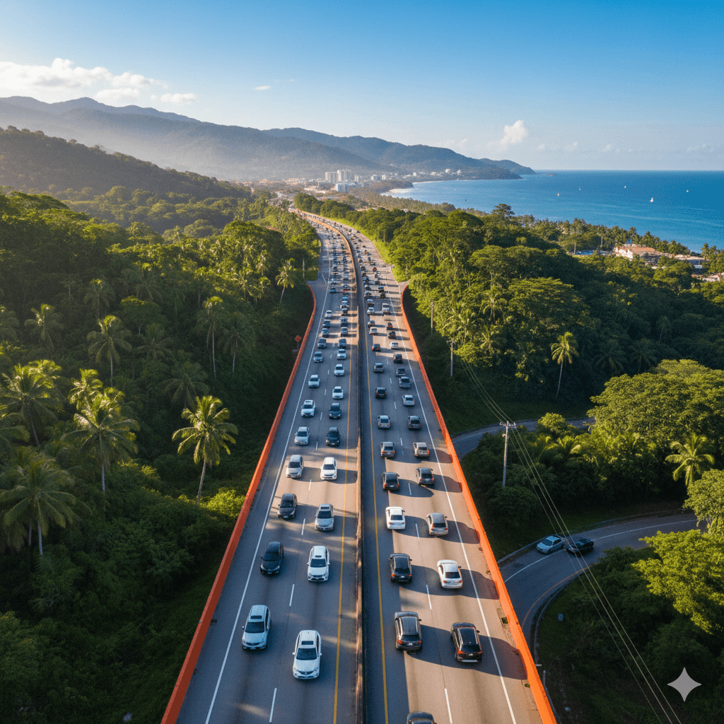 Vista aérea de la carretera Panamericana en Panamá con autos viajando durante feriados hacia destinos costeros con vegetación tropical