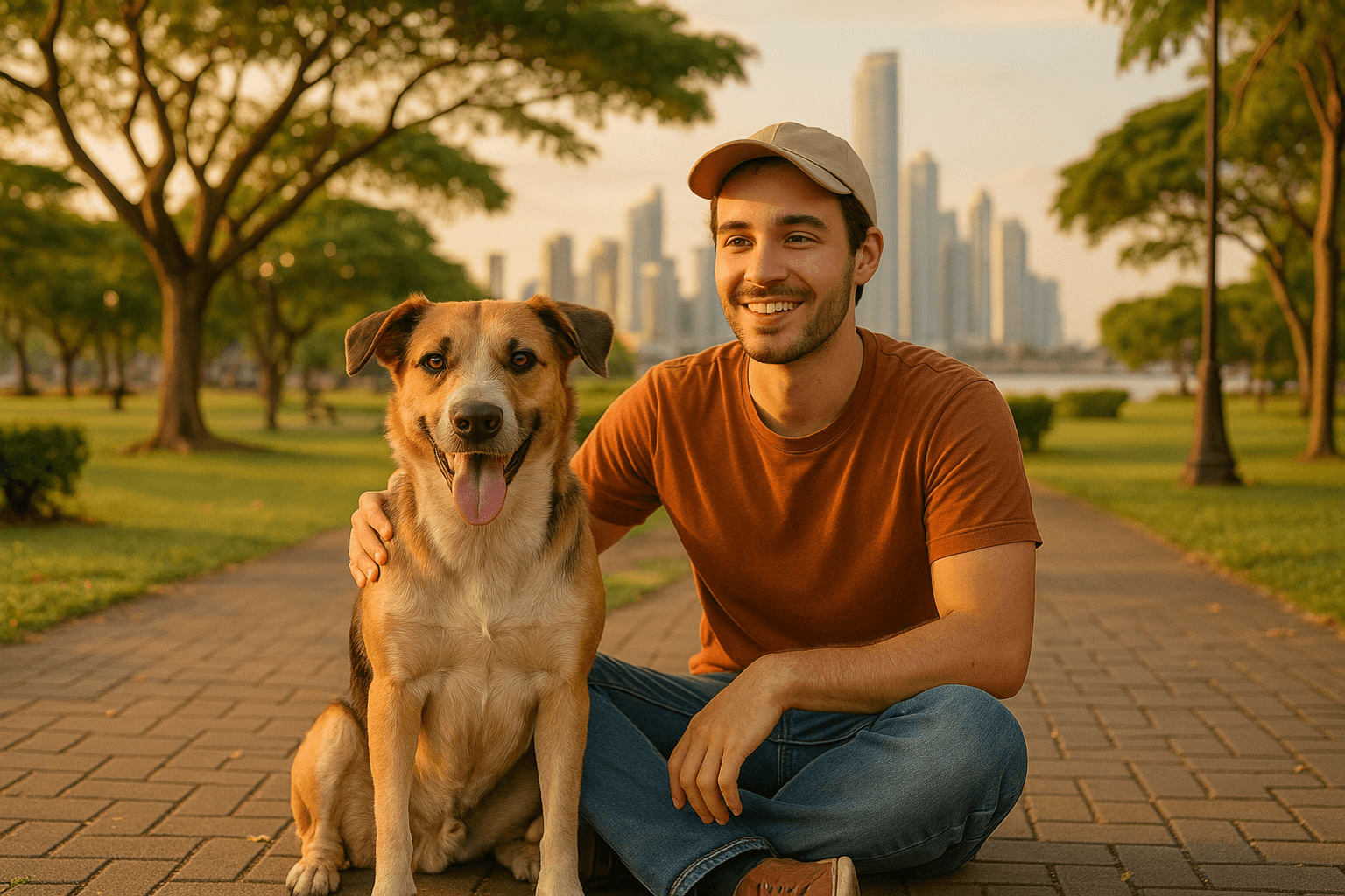 Dueño abrazando a su perro en un parque de Panamá, ilustrando protección con seguro de mascotas