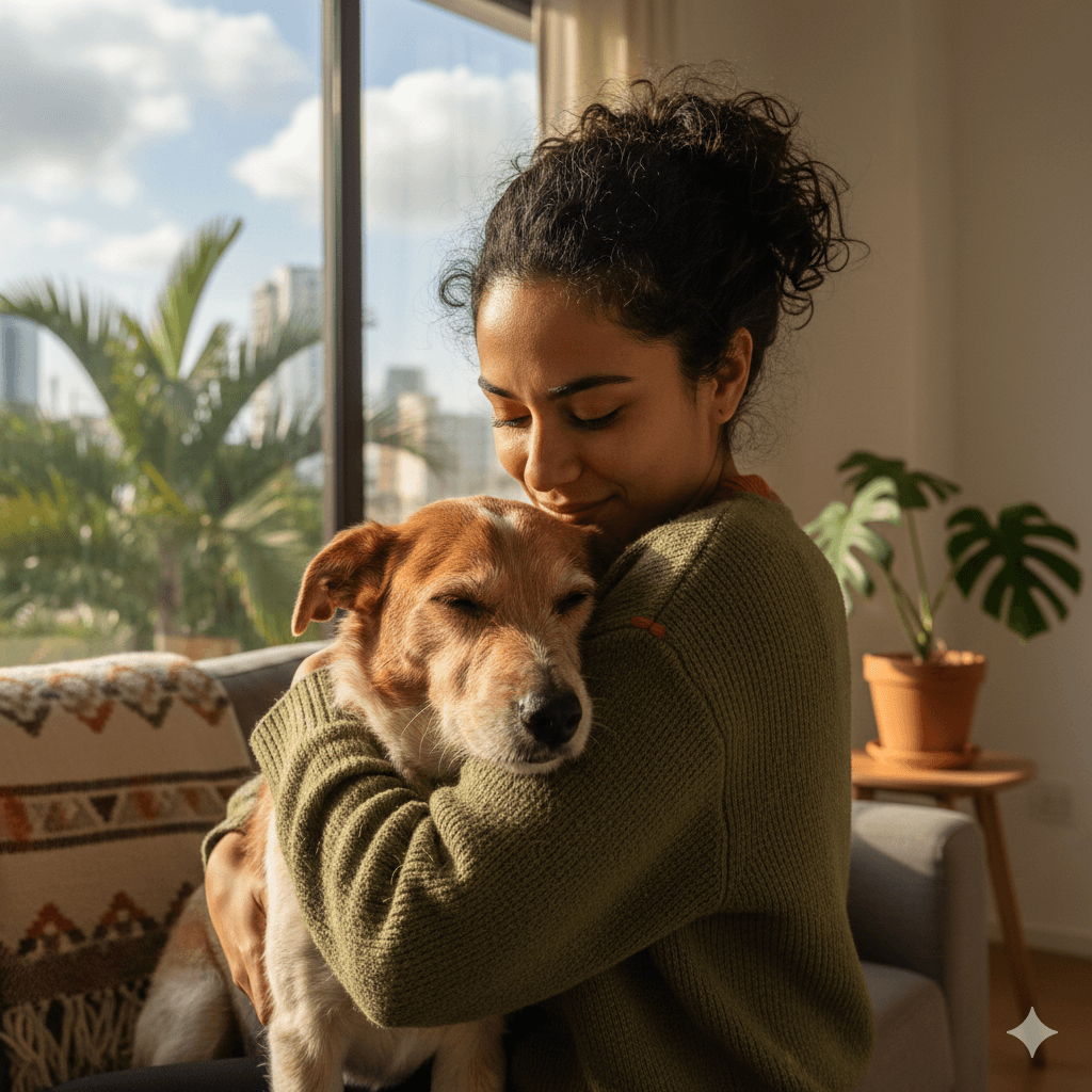 Mujer profesional panameña protegiendo a su perro criollo adoptado, representando el amor y cuidado familiar hacia mascotas